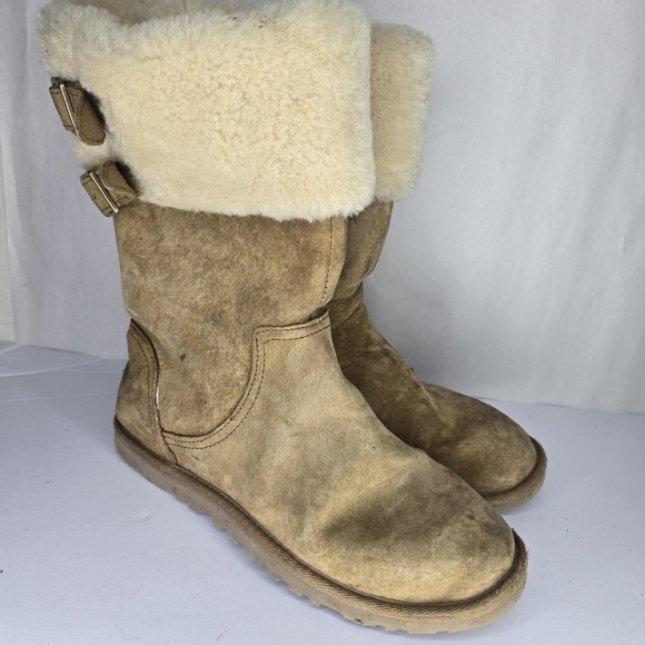 UGG BECKHAM SUEDE CHESTNUT BOOTS SIZE 7 Double Buckle Shearling Cuff - Picture 3 of 7